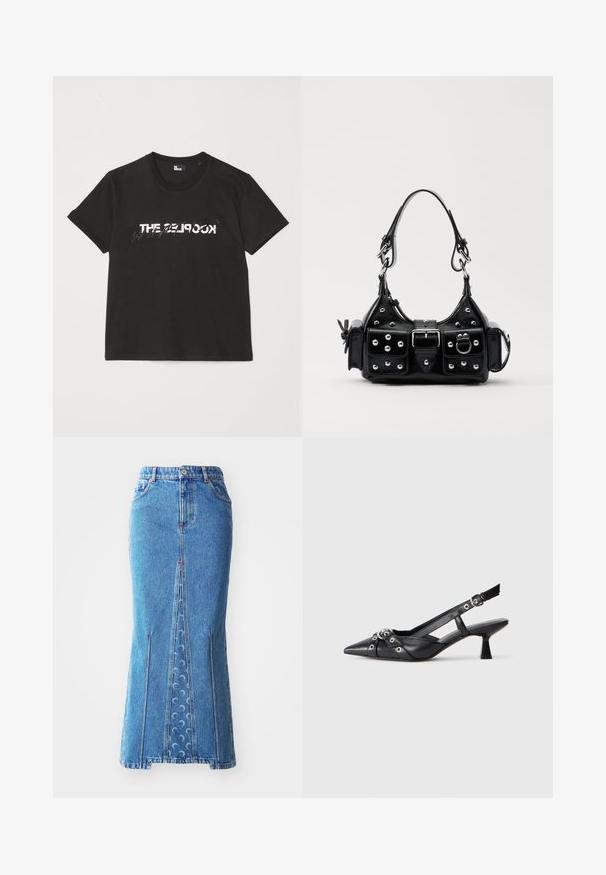 Fekete pamut póló rövid ujjakkal, elöl fehér és szürke "THE 2LOOK" felirattal. Klasszikus kerek nyakkivágás.; Világoskék farmer midi szoknya elöl hasítékkal, kontrasztos varrással, két oldalsó zsebbe és finoman hullámző mintázattal díszítve.; Fekete bőr slingback cipő hegyes orral, dekoratív pántokkal, fém szemekkel és alacsony blokk sarkú. Texturált felület.; Fekete bőr kézitáska ívelt designnal, ezüst szegecsekkel, csattal és két oldalsó zsebbel. Állítható vállpánt a hordozási lehetőségekhez.