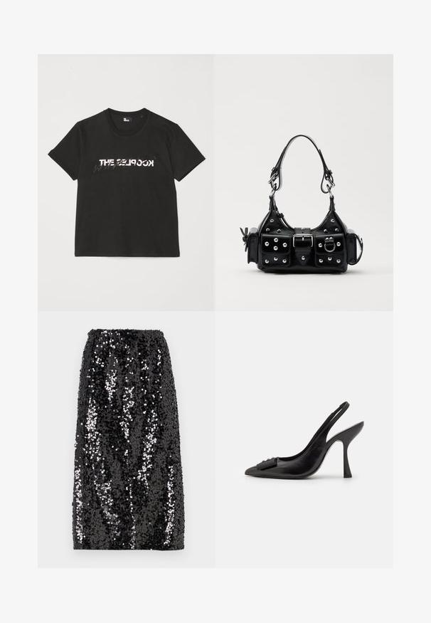 Must mustriba t-särk lühikeste varrukatega, mille ees on valge ja hall "THE 2LOOK" disain. Klassikaline ümmargune kaelus.; Musthave mustrisik, sirge kujuga, elastse vöökohtaga ja siledast tekstuurist, millel on erineva suurusega läikivad sädelevad paelad visuaalse kontrasti saavutamiseks.; Must musta slingback kingad terava ninaga, kitsas kõrge kontsaga ja dekoratiivse lipsu aktsendiga. Sile tekstuur ja voolav disain.; Must värvi nahast käekott, millel on kaarjas disain, hõbedased nupukesed, kinnitusahe ja kaks külgtaskut. Reguleeritav rihm erinevate kandmisvõimaluste jaoks.