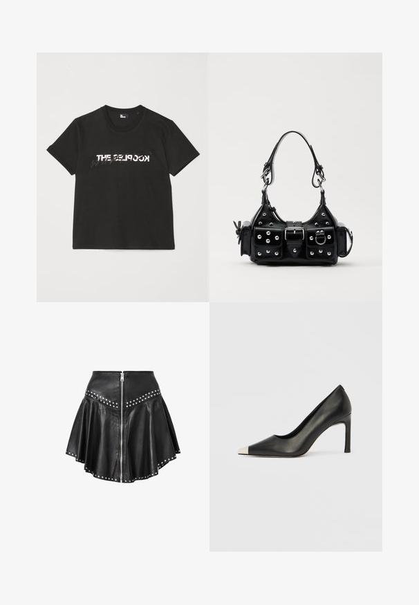 Crna pamučna majica s kratkim rukavima, s printanim bijelim i sivim dizajnom "THE 2LOOK" na prednjem dijelu. Klasičan okrugli izrez.; Crna kožna mini suknja s lepršavim dizajnom, srebrnim zakovicama duž rubova i struka te prednjim patentnim zatvaračem. Glatka tekstura kroz cijelu suknju.; Crna kožna cipela s visokim potpeticama, špicastim vrhom i metalnim srebrnim vrhom. Ima glatku završnu obradu i tanku petu visine 10 cm.; Crna kožna torba s zakrivljenim dizajnom, koja sadrži srebrne zakovice, kopču i dva bočna džepa. Podesiva traka za različite opcije nošenja.