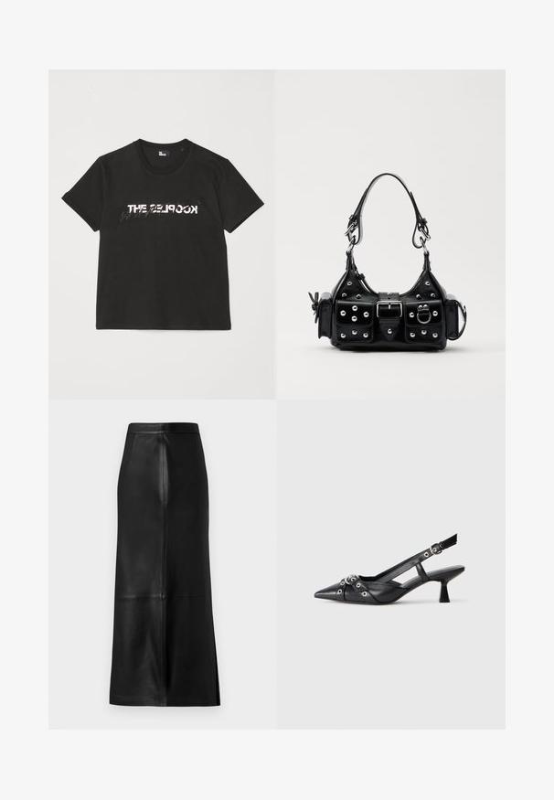 Čierne bavlnené tričko s krátkymi rukávmi, na prednej strane so potlačou bieleho a šedého dizajnu "THE 2LOOK". Klasický okrúhly výstrih.; Čierna kožená sukňa so splývavým strihom, s rozparkom vzadu, hladkou textúrou a viditeľným švom.; Čierne kožené slingback topánky s špicatou špičkou, ozdobnými popruhmi s kovovými očkami a nízkym blokovým podpätkom. Textúrovaný povrch.; Čierna kožená kabelka s zakriveným dizajnom, doplnená striebornými cvočkami, prackou a dvoma bočnými vreckami. Nastaviteľný popruh poskytuje rôzne možnosti nosenia.