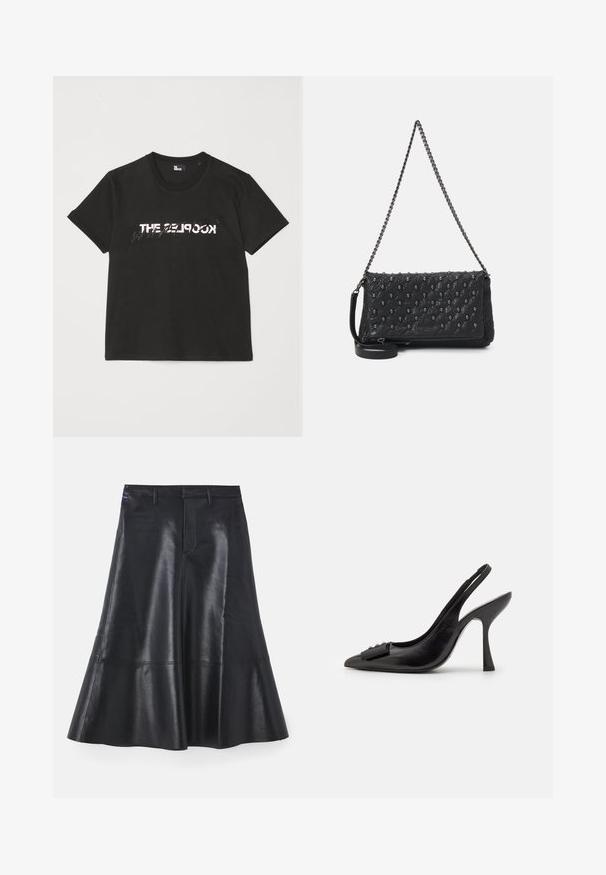 Must mustriba t-särk lühikeste varrukatega, mille ees on valge ja hall "THE 2LOOK" disain. Klassikaline ümmargune kaelus.; Must mustriba, millel on avaram disain, kesk pikkus, siledat tekstuuri ja diskreetseid õmblusi ääres.; Must musta slingback kingad terava ninaga, kitsas kõrge kontsaga ja dekoratiivse lipsu aktsendiga. Sile tekstuur ja voolav disain.; Must mustriga nahkrahakott ketistriapi ja luustikute aksessuaaridega, mis sisaldab tõmblukku. Tekstureeritud pind läikiva viimistlusega.