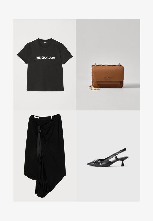 Melnas kokvilnas T-krekls ar īsām piedurknēm, kuram priekšpusē ir printēts balts un pelēks dizains "THE 2LOOK". Klasisks apaļais kakls.; Melnā asimetriskā svārki, kas izgatavoti no mīksta auduma, ar savākto priekšpusi, dekoratīvu jostu un metāla gredzenu akcentu.; Melnas ādas šlipsveida kurpes ar norādītu purngalu, dekoratīvām joslām ar metāla acīm un zemu bloku papēdi. Teksturēta virsma.; Brūna teksturēta ādas plecu soma ar zelta ķēdes siksnu un atloka aizdari. Priekšpusē ir logotipa detaļa un kabata zem atloka.