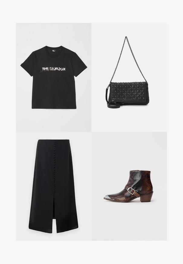 Tricou din bumbac negru, cu mâneci scurte, având un design imprimat alb și gri "THE 2LOOK" pe partea din față. Guler clasic rotund.; Fustă midi neagră, realizată dintr-un material neted, având o fanta frontală și o serie de nasturi mici pe partea din spate pentru detaliu.; Bocuți pentru gleznă cu imprimeu de șarpe negru și maro, cu vârf de argint, accent cu cataramă și tocul din lemn de înălțime mică. Textură netedă, design ajustat.; Geantă din piele matlasată neagră cu un brâu de lanț, având accente cu cranii și închidere cu fermoar. Suprafață texturată cu un finisaj lucios.