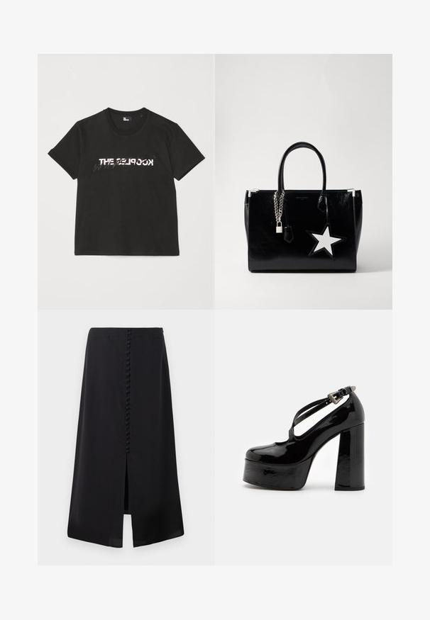 Zwarte katoenen t-shirt met korte mouwen, met een bedrukte witte en grijze "THE 2LOOK"-ontwerp over de voorkant. Klassieke ronde hals.; Zwarte midi-jurk gemaakt van soepele stof, met een voren split en een rij kleine knopen langs de achterkant voor detail.; The Kooples CHAUSSURES - Hoge hakken - black; Zwarte lakleren handtas met een slanke vorm. Voorzien van zilveren kettinghardware, een slot en een witte steraccent aan de zijkant.