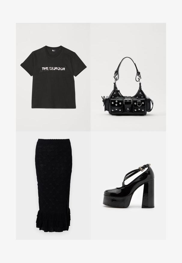 Black cotton t-shirt with short sleeves, featuring a printed white and gray "THE 2LOOK" design across the front. Classic crew neck.; Black knitted skirt featuring a textured diamond pattern, a frilled hem, and a side slit. The material appears soft and slightly sheer.; The Kooples CHAUSSURES - High heels - black; Black leather handbag with a curved design, featuring silver studs, a buckle, and two side pockets. Adjustable strap for carrying options.