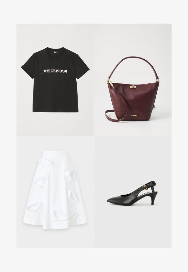 Schwarzes Baumwoll-T-Shirt mit kurzen Ärmeln, das ein gedrucktes weißes und graues "THE 2LOOK"-Design auf der Vorderseite zeigt. Klassischer Rundhalsausschnitt.; Weißer A-Linien-Rock aus Baumwolle, ausgestattet mit übergroßen Ausschnitten und einer glatten Textur. Mit einem strukturierten Bund.; Schwarze Leder Slingback-Pumpe mit spitzem Absatz, kleinem Absatz und einer Schnalle am Knöchelriemen. Glatte Textur, minimalistisches Design.; Bordeauxfarbige Lederhandtasche mit einer strukturierten Form, einem flachen Boden, einem runden Griff und goldfarbenen Beschlägen, die einen Verschluss und ein Logodetail aufweisen.