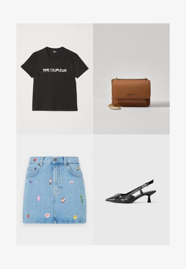 Melnas kokvilnas T-krekls ar īsām piedurknēm, kuram priekšpusē ir printēts balts un pelēks dizains "THE 2LOOK". Klasisks apaļais kakls.; Denim mini svārki, gaiši zili, piecu kabatu dizains, priekšpusē ir dažādas krāsainas uzlīmes, tostarp sirdis, lūpas un deserti.; Melnas ādas šlipsveida kurpes ar norādītu purngalu, dekoratīvām joslām ar metāla acīm un zemu bloku papēdi. Teksturēta virsma.; Brūna teksturēta ādas plecu soma ar zelta ķēdes siksnu un atloka aizdari. Priekšpusē ir logotipa detaļa un kabata zem atloka.