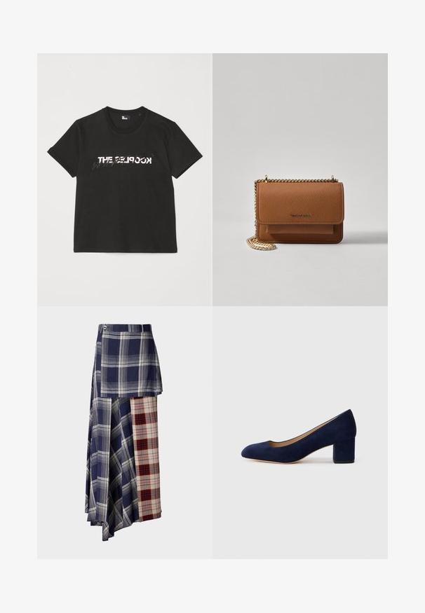 T-shirt de algodão preto com mangas curtas, apresentando um design impresso em branco e cinza "THE 2LOOK" na parte da frente. Gola redonda clássica.; Vivienne Westwood SKIRT - Saia lápis - navy/white; Salgados de camurça azul-marinho com bico fino e um salto quadrado de altura média. Textura suave com um ligeiro brilho e um pequeno corte na parte da frente.; Bolsa crossbody de couro texturizado castanho com alça de corrente dourada e fecho com aba. A parte da frente apresenta detalhe do logótipo e um bolso sob a aba.