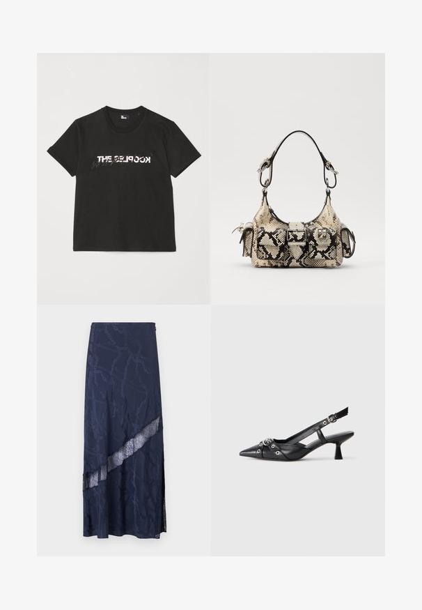 T-shirt en coton noir à manches courtes, avec un motif imprimé blanc et gris "THE 2LOOK" sur le devant. Encolure ras du cou classique.; Jupe maxi marine avec un panneau en dentelle et un motif en chaîne. Texture lisse avec une fente sur le côté pour un détail supplémentaire.; Chaussure slingback en cuir noir avec un bout pointu, des sangles décoratives avec œillets en métal et un petit talon carré. Surface texturée.; Sac à main Python en beige et noir, avec une forme structurée, un détail à boucle et des doubles poignées. Surface texturée.