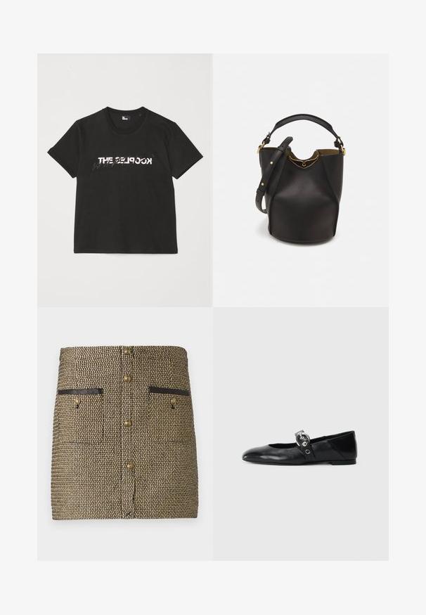 Sort bomulds t-shirt med korte ærmer, der har et trykt hvidt og gråt "THE 2LOOK" design over forsiden. Klassisk crew neck.; Vævet nederdel med et sort og guld mønster, to forlommer med sorte accenter og guldknapper ned ad midten.; Sorte læder balletflade med spids tå, udstyret med en rem med en cirkulær metallisk spænde og en flad sål.; Sort læder bucket taske med en struktureret overflade, guld hardware detaljer og en åben top. Har et kort håndtag og justerbar skulderrem.