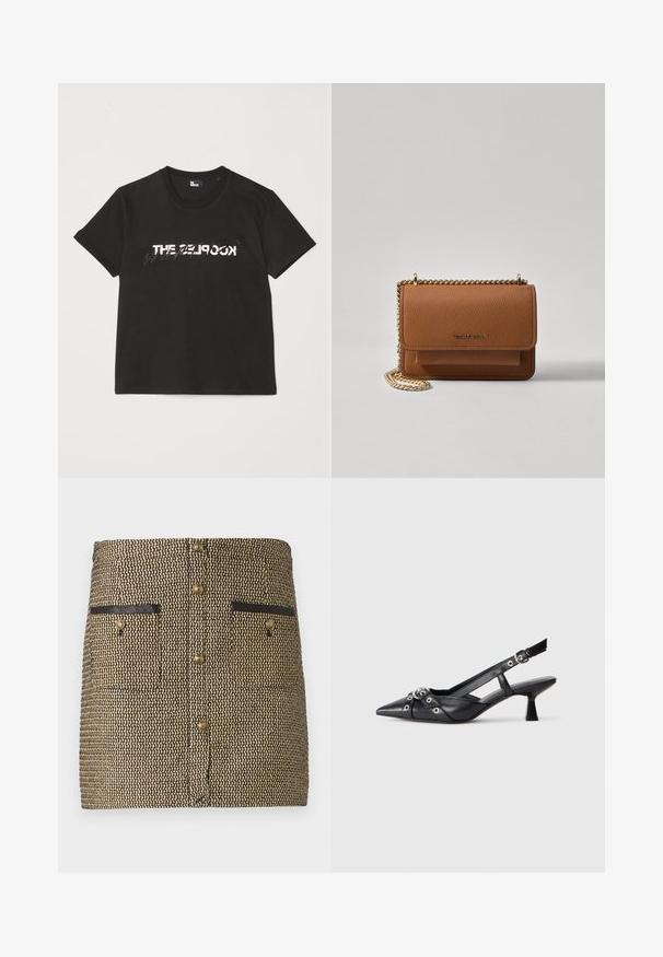 Zwarte katoenen t-shirt met korte mouwen, met een bedrukte witte en grijze "THE 2LOOK"-ontwerp over de voorkant. Klassieke ronde hals.; Geweven rok met een zwart en gouden patroon, twee voorzakken met zwarte accenten en gouden knopen in het midden.; Zwarte leren slingback schoen met een puntige neus, decoratieve banden met metalen oogjes en een lage blokhak. Textuur oppervlak.; Bruine lederen schoudertas met textuur, voorzien van een gouden kettingstrap en klepsluiting. De voorkant heeft een logo-detail en een zak onder de klep.
