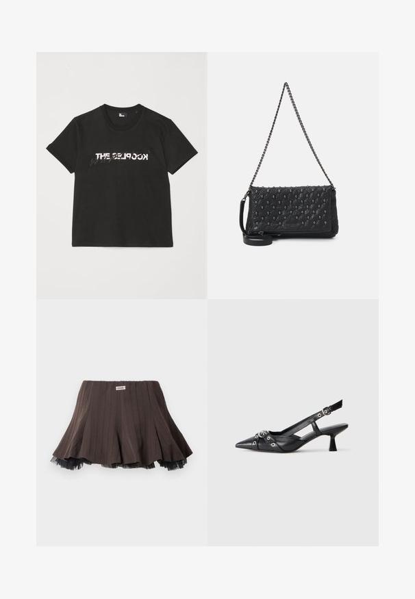 T-shirt en coton noir à manches courtes, avec un motif imprimé blanc et gris "THE 2LOOK" sur le devant. Encolure ras du cou classique.; Jupe plissée marron en tissu texturé, avec un ourlet en tulle noir superposé et une petite étiquette de logo à la taille.; Chaussure slingback en cuir noir avec un bout pointu, des sangles décoratives avec œillets en métal et un petit talon carré. Surface texturée.; Sac en cuir matelassé noir avec une bandoulière en chaîne, comportant des accents de crâne et une fermeture éclair. Surface texturée avec une finition brillante.