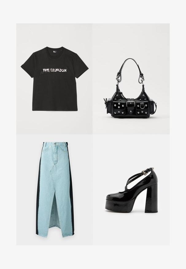 T-shirt di cotone nera con maniche corte, caratterizzata da una stampa bianca e grigia "THE 2LOOK" sul davanti. Collo girocollo classico.; Gonna in denim che combina materiali blu chiaro e neri, caratterizzata da uno spacco frontale, vita alta e design strutturato con chiusura a bottone standard.; The Kooples CHAUSSURES - Decolleté - black; Borsa a mano in pelle nera con design curvo, caratterizzata da borchie argentate, una fibbia e due tasche laterali. Tracolla regolabile per diverse opzioni di trasporto.
