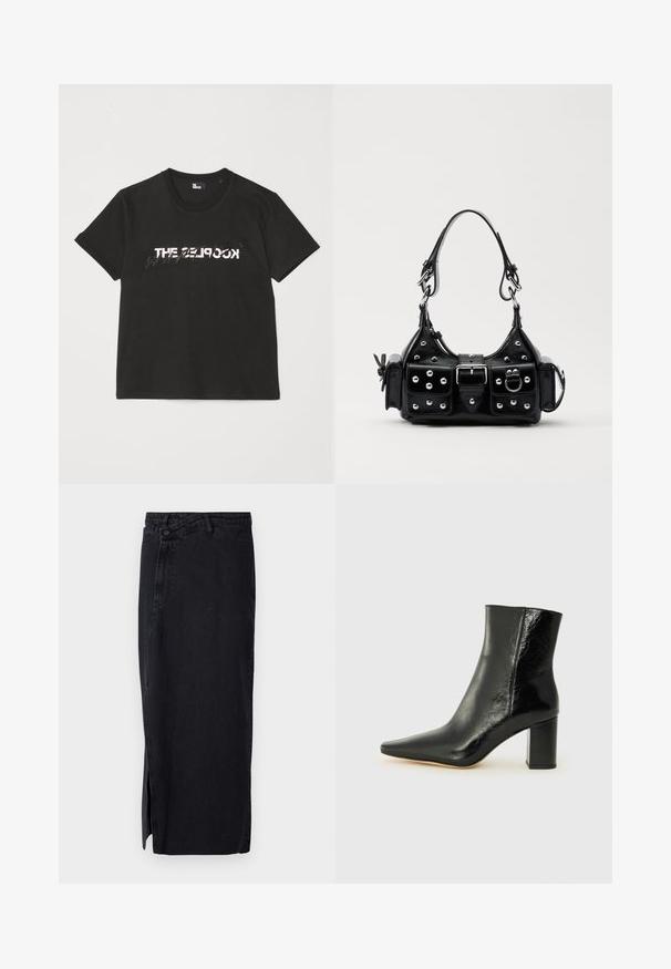 Must mustriba t-särk lühikeste varrukatega, mille ees on valge ja hall "THE 2LOOK" disain. Klassikaline ümmargune kaelus.; Mustmustest mustrippu kõrge talje, külgselle lõhikuga ja klassikalise viie taskuga disain. Sile tekstuur ja sirge siluett.; Mustad muste saapad, mis on valmistatud läikivast nahast, terava koonuse ja tugeva ruudukujulise kandiga. Omab sileda tekstuuri ja minimalismi kujundust.; Must värvi nahast käekott, millel on kaarjas disain, hõbedased nupukesed, kinnitusahe ja kaks külgtaskut. Reguleeritav rihm erinevate kandmisvõimaluste jaoks.