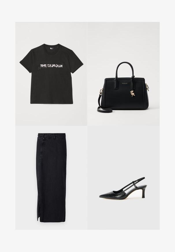 Zwarte katoenen t-shirt met korte mouwen, met een bedrukte witte en grijze "THE 2LOOK"-ontwerp over de voorkant. Klassieke ronde hals.; Zwarte spijkerrok met hoge taille, voorzien van een zijsplit en een klassieke vijf-pocket ontwerp. Glad textuur en rechte silhouet.; Zwart patent slingback hak met een spitse neus, voorzien van een gestructureerde slangenprint, verstelbare band en een korte, gestructureerde blokhak.; Zwarte leren handtas met gestructureerd ontwerp, dubbele handvatten aan de bovenkant, afneembare schouderband, gouden hardware en een logo charm accent.