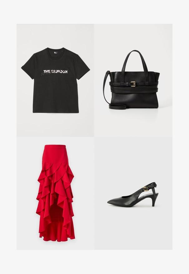 Čierne bavlnené tričko s krátkymi rukávmi, na prednej strane so potlačou bieleho a šedého dizajnu "THE 2LOOK". Klasický okrúhly výstrih.; Červená volánová sukňa s vysokým a nízkym lemom. Obsahuje vrstvené volány pozdĺž pásu a bokov, vyrobená z hladkej tkaniny. Elastický pás.; Čierne kožené slingback lodičky s špicatou špičkou, malým opätkom a prackou na členkovom remienku. Hladká textura, minimalistický dizajn.; Čierna kožená kabelka so štruktúrovaným dizajnom, dvojitými hornými uchami, odnímateľným popruhom a zlatým prackovým akcentom na horizontálnej páske.