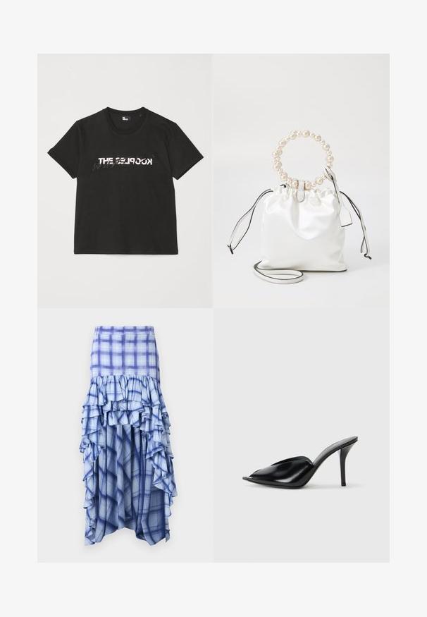 Črna bombažna majica s kratkimi rokavi, z belim in sivim natisnjenim dizajnom "THE 2LOOK" na sprednji strani. Klasičen kroj z okroglim izrezom.; Modra karirana krila z večplastnimi volančki, ki vsebujejo različne odtenke modre ter modre in bele karirane vzorce. Lahkoten material, dolžina do gležnjev.; Črne usnjene mule s visokimi petami, odprto nosilo, bodičast dizajn, gladka tekstura in ozka stiletnica.; Bela satenska torba na čipku z okroglim ročajem okrašenim biseri, usnjenimi dodatki in snemljivim trakom za večjo prilagodljivost.