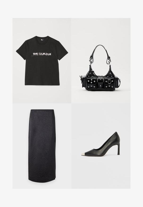 Zwarte katoenen t-shirt met korte mouwen, met een bedrukte witte en grijze "THE 2LOOK"-ontwerp over de voorkant. Klassieke ronde hals.; Zwarte midi-rok met een gekreukt textuur, rechte snit en zijsplit. Materiaal lijkt lichtgewicht. De zoomlijn is iets afgerond.; Zwarte leren hoge hak met een spits toelopende neus en een metalen zilverkleurige kap. Heeft een gladde afwerking en een slanke hak van 10 cm.; Zwarte lederen handtas met een gebogen ontwerp, voorzien van zilveren studs, een gesp en twee zijvakken. Verstelbare schouderband voor verschillende draagmogelijkheden.
