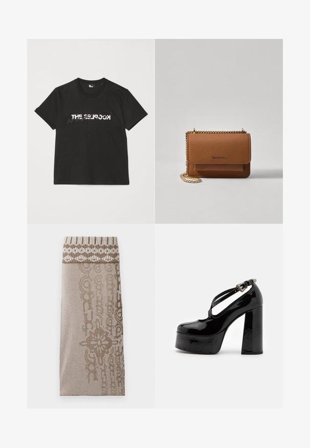 Schwarzes Baumwoll-T-Shirt mit kurzen Ärmeln, das ein gedrucktes weißes und graues "THE 2LOOK"-Design auf der Vorderseite zeigt. Klassischer Rundhalsausschnitt.; Strickrock in Hellbraun mit einem gemusterten Bund und einer strukturierten Oberfläche, die ein dezentes Streifendessin und dekorative Elemente aufweist.; The Kooples CHAUSSURES - High Heel Pumps - black; Braune strukturierte Ledertasche mit goldener Kettenriemen und Klappenverschluss. Die Vorderseite zeigt ein Logo-Detail und eine Tasche unter der Klappe.