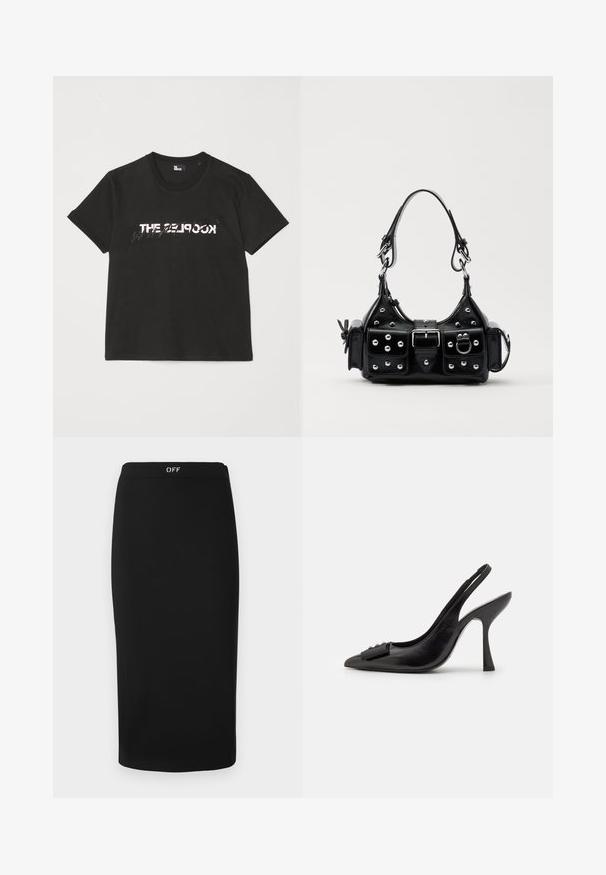 Must mustriba t-särk lühikeste varrukatega, mille ees on valge ja hall "THE 2LOOK" disain. Klassikaline ümmargune kaelus.; Musterd mustreeritud must seelik, millel on lõikeline siluett ja valmistatud siledast kangast. Omab lihtsat kujundust ja vööd, millel on "OFF" logo.; Must musta slingback kingad terava ninaga, kitsas kõrge kontsaga ja dekoratiivse lipsu aktsendiga. Sile tekstuur ja voolav disain.; Must värvi nahast käekott, millel on kaarjas disain, hõbedased nupukesed, kinnitusahe ja kaks külgtaskut. Reguleeritav rihm erinevate kandmisvõimaluste jaoks.