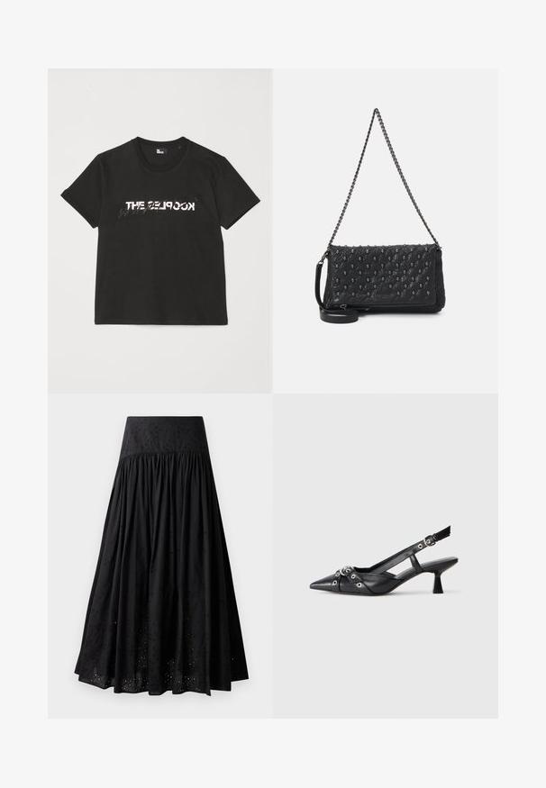 Zwarte katoenen t-shirt met korte mouwen, met een bedrukte witte en grijze "THE 2LOOK"-ontwerp over de voorkant. Klassieke ronde hals.; Zwart maxi-jurk van katoen met een geborduurde tailleband. Heeft gathered stof en perforaties langs de zoom.; Zwarte leren slingback schoen met een puntige neus, decoratieve banden met metalen oogjes en een lage blokhak. Textuur oppervlak.; Zwarte gewatteerde leren tas met een kettinghengsel, voorzien van schedelaccenten en een ritssluiting. Getextureerd oppervlak met een glanzende afwerking.