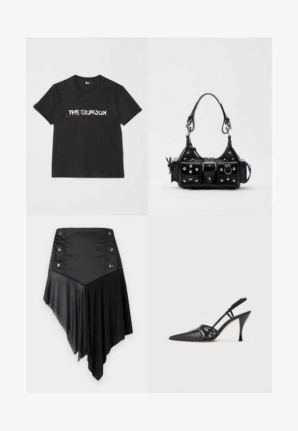 Fekete pamut póló rövid ujjakkal, elöl fehér és szürke "THE 2LOOK" felirattal. Klasszikus kerek nyakkivágás.; Fekete aszimmetrikus szoknya, amely matt és texturált anyagok keverékéből készült, ezüst gombos részletekkel a derékon és réteges szegéllyel.; Fekete bőr magassarkú slingback cipő, hegyes orral, keresztbe fonott pántos dizájnnal és vékony tűs sarkakkal. Sima felület és minimális díszítés.; Fekete bőr kézitáska ívelt designnal, ezüst szegecsekkel, csattal és két oldalsó zsebbel. Állítható vállpánt a hordozási lehetőségekhez.