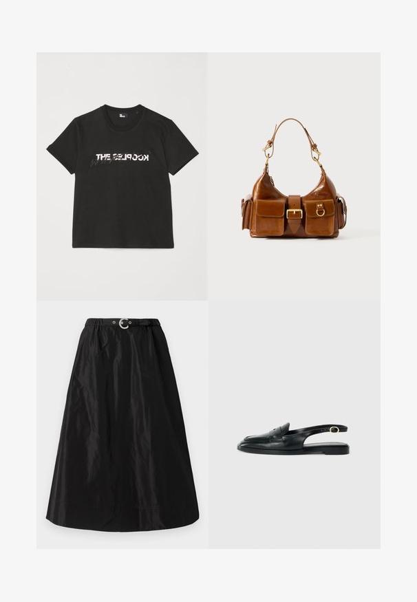 Tricou din bumbac negru, cu mâneci scurte, având un design imprimat alb și gri "THE 2LOOK" pe partea din față. Guler clasic rotund.; Fustă neagră dintr-un material lucios și ușor. Are un tiv elastic cu o cataramă argintie și o siluetă netedă în formă de A.; Pantofii slingback din piele neagră au vârful rotund, talpa plată, decupaj lateral și un breteau cu detalii din metal cu ton aurie.; Geantă de mână din piele maro, cu o formă curbată, accesorii din metal auriu dual, două buzunare frontale și o curea lată. Textură netedă cu un finisaj elegant.
