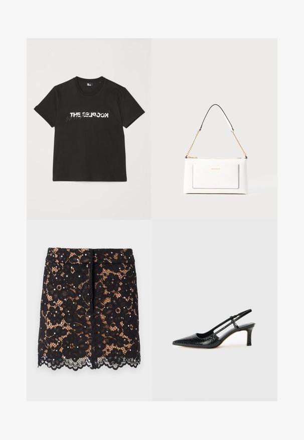 T-shirt en coton noir à manches courtes, avec un motif imprimé blanc et gris "THE 2LOOK" sur le devant. Encolure ras du cou classique.; Jupe en dentelle noire avec des motifs floraux, des rhinestones décoratifs, un ourlet festonné et une coupe ajustée. Tombe à mi-cuisse.; Escarpin slingback en vernis noir avec un bout pointu, présentant un imprimé serpent texturé, une sangle réglable et un petit talon bloc texturé.; Sac à main en cuir blanc avec un fini texturé, doté d'une bandoulière en chaîne dorée et d'accents noirs. Comprend une poche avant et une fermeture éclair.