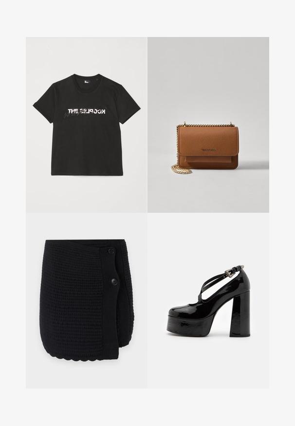 T-shirt en coton noir à manches courtes, avec un motif imprimé blanc et gris "THE 2LOOK" sur le devant. Encolure ras du cou classique.; Châle tricoté noir présentant un motif texturé, un ourlet en scallop et deux gros boutons pour la fermeture. Matériel doux avec un design chaleureux.; The Kooples CHAUSSURES - Escarpins à talons hauts - black; Sac en cuir texturé marron en bandoulière avec une sangle en chaîne dorée et une fermeture à rabat. L'avant présente un détail de logo et une poche sous le rabat.