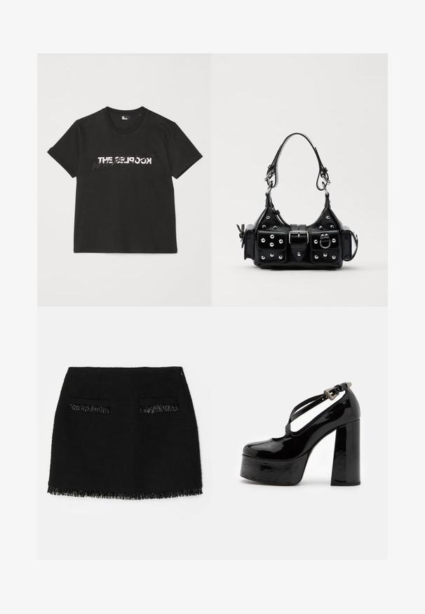 Schwarzes Baumwoll-T-Shirt mit kurzen Ärmeln, das ein gedrucktes weißes und graues "THE 2LOOK"-Design auf der Vorderseite zeigt. Klassischer Rundhalsausschnitt.; Schwarzer Rock aus strukturiertem Stoff mit zwei Vorder-Taschen und einem Fransensaum-Detail. Die Gesamtform ist ein tailliertes A-Linien-Design.; The Kooples CHAUSSURES - High Heel Pumps - black; Schwarze Lederhandtasche mit einem geschwungenen Design, verziert mit silbernen Nieten, einer Schnalle und zwei seitlichen Taschen. Verstellbarer Träger für verschiedene Tragemöglichkeiten.