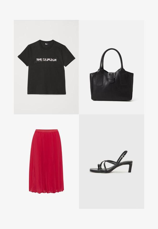 Crna pamučna majica s kratkim rukavima, s printanim bijelim i sivim dizajnom "THE 2LOOK" na prednjem dijelu. Klasičan okrugli izrez.; Crvena plisirana suknja od glatkog, laganog materijala. Ima elastičnu traku u struku i lepršavi dizajn za lakše kretanje.; Crne sandale s trakama, kvadratnim prstom i niskom blok petom. Ima više tankih trakica i podesivu trakicu oko gležnja. Izrađene su od glatke kože.; Crna kožna torba za nošenje s glatkom teksturom, strukturiranim oblikom, dvije ručke i istaknutim srebrnim kopčanjem na prednjoj strani.