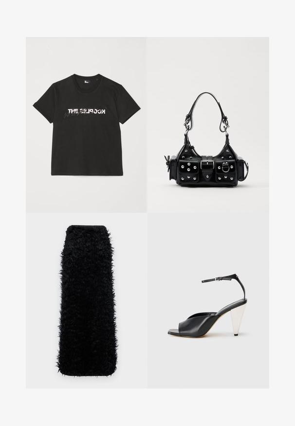 Fekete pamut póló rövid ujjakkal, elöl fehér és szürke "THE 2LOOK" felirattal. Klasszikus kerek nyakkivágás.; Fekete bolyhos takaró, shaggy textúrával, téglalap alakú és puha szálakkal, egyszínű, minta vagy díszítés nélkül.; Fekete bőr magassarkú szandál nyitott orral, aszimmetrikus dizájnnal, bokapánttal és fémes kúpos sarokkal. Az anyag sima textúrájú.; Fekete bőr kézitáska ívelt designnal, ezüst szegecsekkel, csattal és két oldalsó zsebbel. Állítható vállpánt a hordozási lehetőségekhez.