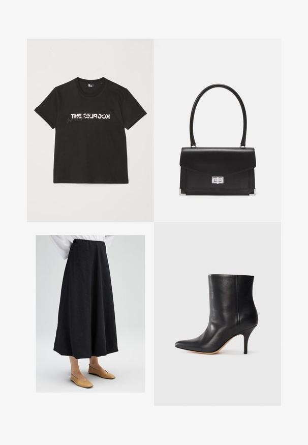 Melnas kokvilnas T-krekls ar īsām piedurknēm, kuram priekšpusē ir printēts balts un pelēks dizains "THE 2LOOK". Klasisks apaļais kakls.; Melnas midi svārki ar teksturētu virsmu, ar elastīgu jostasvietu un plūstošu siluetu. Apvienoti ar bēšām plakanu apavu.; Melnas ādas potītes zābaki ar norādītu pirkstu, šauru stiletto papēdi un gludu tekstūru. Minimalistiska dizaina, bez redzamām detaļām vai akcentiem.; Melna ādas rokassoma ar strukturētu dizainu, augšējo rokturi un sudraba sprādzi. Iekļauj stūru akcentus un gludu tekstūru.
