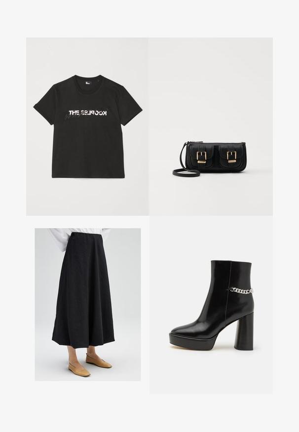 Svart bomullströja med korta ärmar, med en tryckt vit och grå "THE 2LOOK" design över framsidan. Klassisk rund halsringning.; Svart midikjol med en strukturerad yta, med elastisk midja och en flödande silhuett. I kombination med beige platta skor.; Svart lackläder ankelboot med chunky plattform och hög klack. Har en silverkedja som accent på sidan. Slät textur.; Svart läderaxelväska med två framfickor, guldspännen, dragkedjestängning och en smal rem. Texturerad yta och kompakt rektangulär form.