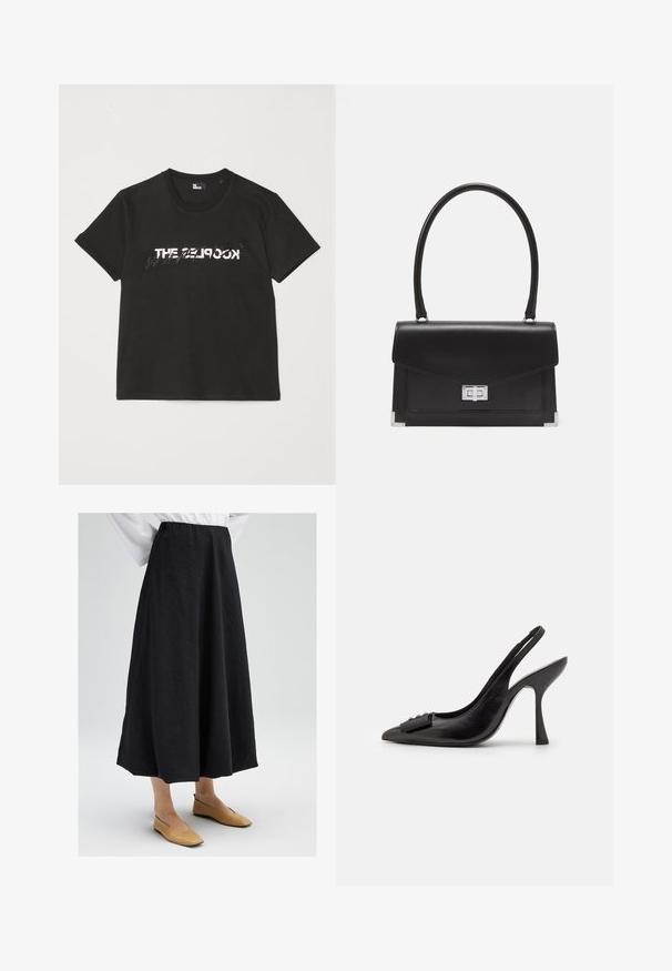 Black cotton t-shirt with short sleeves, featuring a printed white and gray "THE 2LOOK" design across the front. Classic crew neck.; Black midi skirt with a textured surface, featuring an elastic waistband and a flowing silhouette. Paired with beige flat shoes.; Black leather slingback shoe with a pointed toe, slim high heel, and a decorative bow accent. Smooth texture and sleek design.; Black leather handbag with a structured design, a top handle, and a silver clasp. Features corner accents and smooth texture.