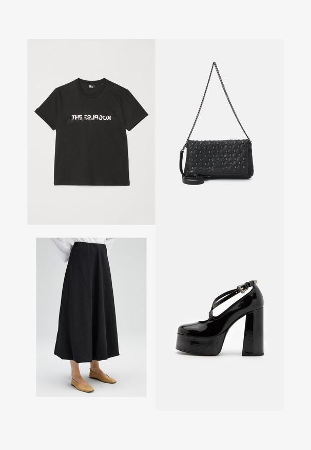 Schwarzes Baumwoll-T-Shirt mit kurzen Ärmeln, das ein gedrucktes weißes und graues "THE 2LOOK"-Design auf der Vorderseite zeigt. Klassischer Rundhalsausschnitt.; Schwarzer Midirock mit strukturierter Oberfläche, ausgestattet mit einem elastischen Bund und einer fließenden Silhouette. Kombiniert mit beigen Ballerinas.; The Kooples CHAUSSURES - High Heel Pumps - black; Schwarze, gesteppte Lederhandtasche mit einer Kettenriemen, die mit Totenkopf-Akzenten und einem Reißverschluss versehen ist. Strukturiert Oberfläche mit einem glänzenden Finish.