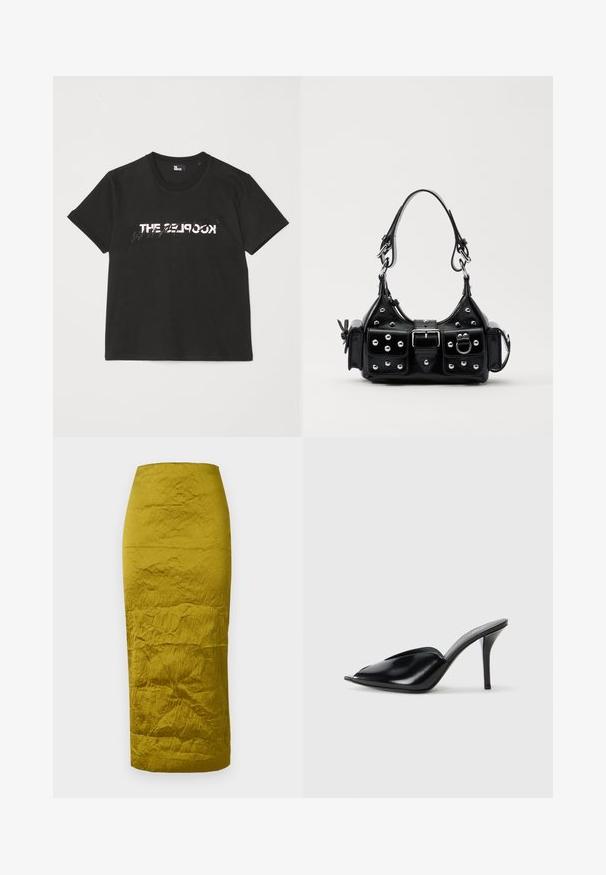 Svart bomullströja med korta ärmar, med en tryckt vit och grå "THE 2LOOK" design över framsidan. Klassisk rund halsringning.; Olivgrön pennkjol med en texturerad, skrynklig tyg. Rakt skuren och midjelång design. Sömmar synliga längs silhuetten.; Svarta läder högklackade mule-skor med öppen tå, spetsig design, slät yta och en smal stiletto-häl.; Svart läderhandväska med en kurvad design, prydd med silverfärgade nitar, ett spänne och två sidofickor. Justerbar rem för olika bäralternativ.