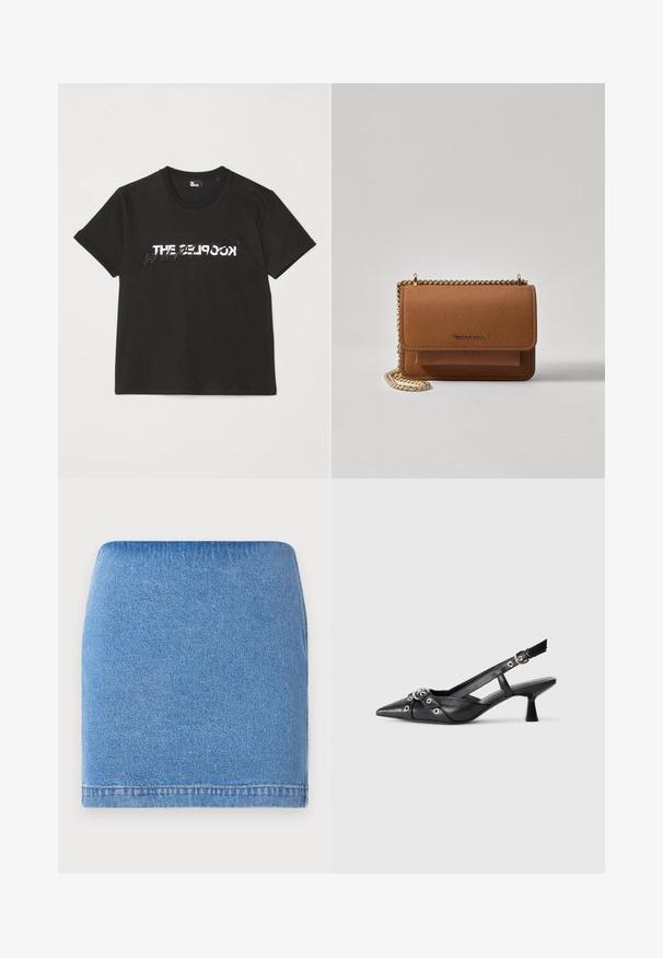 Tricou din bumbac negru, cu mâneci scurte, având un design imprimat alb și gri "THE 2LOOK" pe partea din față. Guler clasic rotund.; Fustă mini din denim, de culoare albastră deschisă, cu un design ajustat, avere dreaptă și textură subtilă. Fără închideri vizibile sau buzunare.; Pantofii slingback din piele neagră, cu vârful ascuțit, curele decorative cu ochiuri din metal și toc bloc mic. Suprafață texturată.; Geantă crossbody din piele texturată maro, cu curea din lanț aurit și închidere cu clapetă. Partea din față prezintă detalii cu logo și o buzunar sub clapetă.