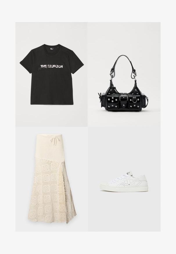 Črna bombažna majica s kratkimi rokavi, z belim in sivim natisnjenim dizajnom "THE 2LOOK" na sprednji strani. Klasičen kroj z okroglim izrezom.; Kvačkana krila z teksturiranim kremnim zgornjim delom in spodnjim delom z zapletenim kvadratnim vzorcem. Nastavljiva vrvica v pasu.; Beli nizki športni copati z perforiranim dizajnom, ravnimi vezalkami in teksturiranim gumijastim podplatom. Imajo minimalističen slog in mehak zaključek.; Črna usnjena torbica s ukrivljenim dizajnom, ki vsebuje srebrne žebljičke, zaponko in dve stranski žepki. Nastavljiv trak za različne možnosti nošenja.