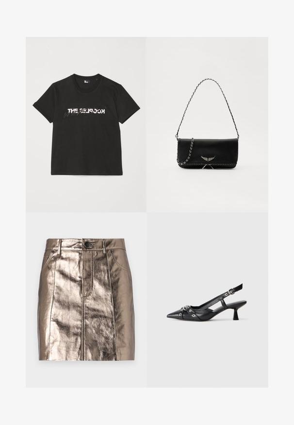T-shirt de algodão preto com mangas curtas, apresentando um design impresso em branco e cinza "THE 2LOOK" na parte da frente. Gola redonda clássica.; Saia mini em denim bronze metálico com um corte reto, bolsos frontais e uma cintura com fecho de botão. Textura suave e brilhante.; Sapato slingback em couro preto com biqueira fina, tiras decorativas com ilhós de metal e um pequeno salto quadrado. Superfície texturizada.; Saco de couro preto com uma alça de corrente prateada, apresentando ornamentos em forma de asas e costura branca ao longo da costura inferior.