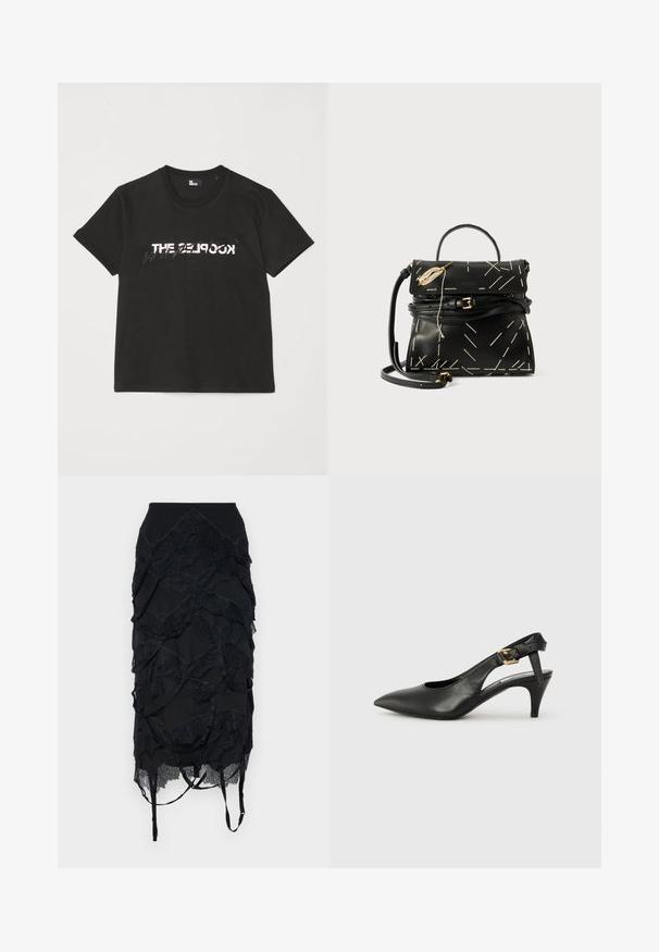 Czarna bawełniana koszulka z krótkim rękawem, z nadrukowanym białym i szarym wzorem "THE 2LOOK" na przodzie. Klasyczny okrągły dekolt.; Czarna spódnica z warstwowo ułożonymi akcentami koronkowymi, dopasowaną talią i regulowanymi ramiączkami. Projekt zawiera wzór falisty w całej konstrukcji.; Czarne skórzane szpilki slingback z ostrym noskiem, małym obcasem i zapięciem na klamrę przy pasku kostki. Gładka tekstura, minimalistyczny design.; Czarna skórzana torebka z geometrycznym białym przeszyciem, z górnym uchwytem i odczepianym paskiem na ramię. Posiada złote akcenty i zamek błyskawiczny.