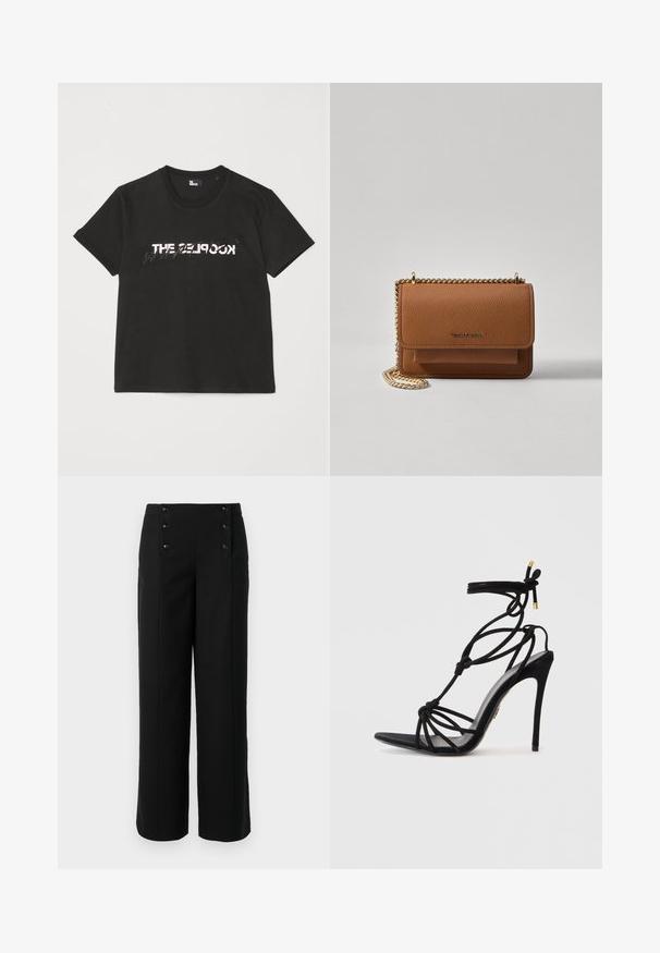 Crna pamučna majica s kratkim rukavima, s printanim bijelim i sivim dizajnom "THE 2LOOK" na prednjem dijelu. Klasičan okrugli izrez.; Crne široke hlače od glatke tkanine, s visokim strukom i pet dugmadi sprijeda za zatvaranje. Elegantan, krojen dizajn.; Crne stiletto sandale s dizajnom čvora na remenima, otvorenim prstima i tankim potpeticama. Glatka tekstura s zlatnim detaljima na trakama.; Smeđa kožna torba preko tijela s teksturom, zlatnim lančićem i preklopom na zatvaranju. Na prednjoj strani nalazi se detalj s potpisom i džep ispod preklopa.