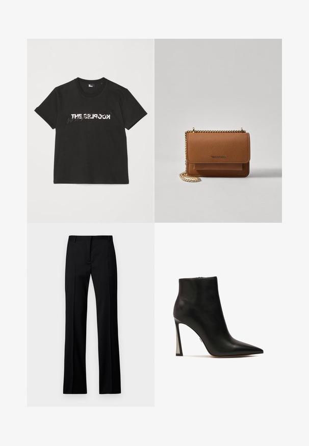 Czarna bawełniana koszulka z krótkim rękawem, z nadrukowanym białym i szarym wzorem "THE 2LOOK" na przodzie. Klasyczny okrągły dekolt.; Czarne spodnie w prostym kroju wykonane z gładkiego materiału, z płaskim przodem, z paskami do paska i bez widocznych kieszeni czy ozdób.; Kazar - Czółenka; Brązowa skórzana torba na ramię z teksturą, z złotym łańcuszkiem i zapięciem na klapkę. Z przodu znajduje się detal z logo oraz kieszeń pod klapką.
