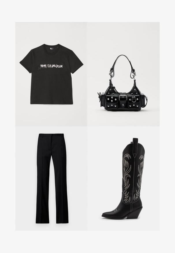Black cotton t-shirt with short sleeves, featuring a printed white and gray "THE 2LOOK" design across the front. Classic crew neck.; Black straight-leg trousers in smooth fabric, featuring a flat front, belt loops, and no visible pockets or embellishments.; Black leather cowboy boots with pointed toes, wedge heels, and silver embroidered floral patterns along the shaft. Contrast stitching throughout.; Black leather handbag with a curved design, featuring silver studs, a buckle, and two side pockets. Adjustable strap for carrying options.