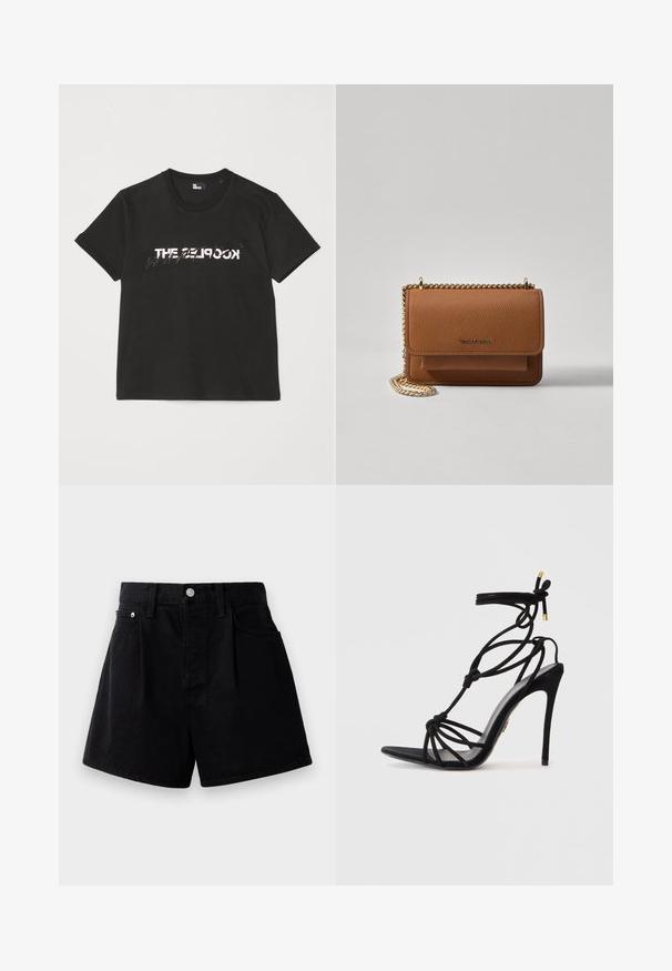 Must mustriba t-särk lühikeste varrukatega, mille ees on valge ja hall "THE 2LOOK" disain. Klassikaline ümmargune kaelus.; Mustad denim lühikesed püksid sirge lõikega, varustatud nööbi kinnitusega, kahe ees oleva taskuga ja pehme, tekstureeritud kangaga.; Mustad mustkade sandaalid sõlme rihmade kujundusega, avatud varvastega ja sirge kontsaga. Sile tekstuur kuldsete aktsentidega rihmadel.; Pruun tekstureeritud nahk ristkeha kott kuldse ahelaga rihmaga ja klapiga sulgemine. Esiküljel on logo detail ja tasku klapi all.