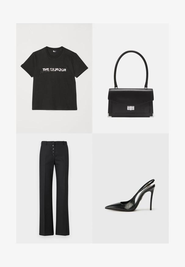 Black cotton t-shirt with short sleeves, featuring a printed white and gray "THE 2LOOK" design across the front. Classic crew neck.; The Kooples PANTALON - Trousers - black; Black slingback pump with a pointed toe, textured snake pattern, stiletto heel, and a decorative buckle on the strap.; Black leather handbag with a structured design, a top handle, and a silver clasp. Features corner accents and smooth texture.