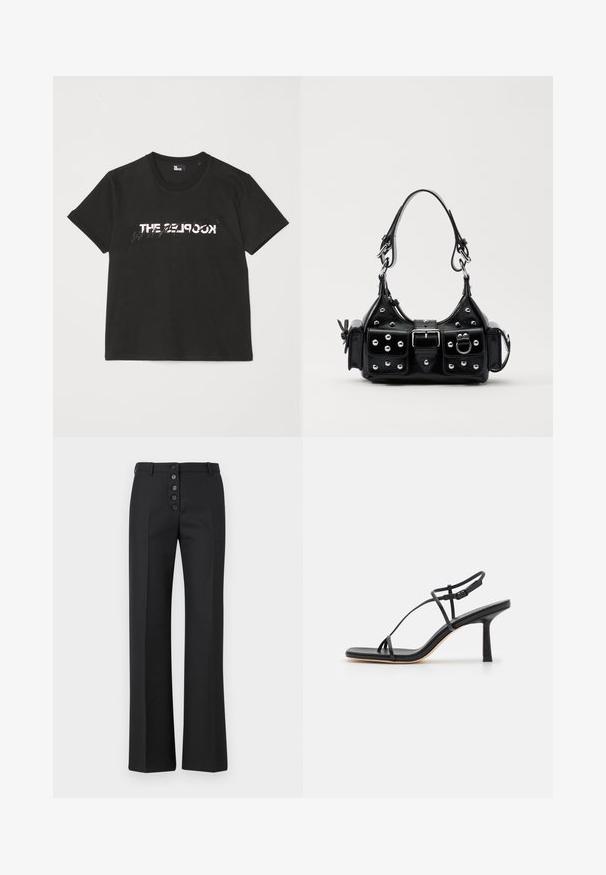 Must mustriba t-särk lühikeste varrukatega, mille ees on valge ja hall "THE 2LOOK" disain. Klassikaline ümmargune kaelus.; The Kooples PANTALON - Püksid - black; Mustmust naha sandaalid, mis on musta nahast, peene kandega ja minimalistliku rihma disainiga, nelinurkse varbaga ning reguleeritava pahkluu rihmaga.; Must värvi nahast käekott, millel on kaarjas disain, hõbedased nupukesed, kinnitusahe ja kaks külgtaskut. Reguleeritav rihm erinevate kandmisvõimaluste jaoks.
