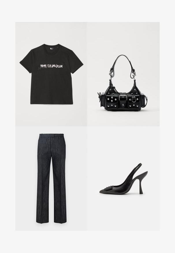 Zwarte katoenen t-shirt met korte mouwen, met een bedrukte witte en grijze "THE 2LOOK"-ontwerp over de voorkant. Klassieke ronde hals.; Donker gestreepte broek met een wijd uitlopend ontwerp, gemaakt van textuurstof met verticale zilveren streepjes. Platte voorkant en riemlussen.; Zwarte leren slingback schoen met een spitse neus, slanke hoge hak en een decoratieve strikaccent. Gladde textuur en elegant ontwerp.; Zwarte lederen handtas met een gebogen ontwerp, voorzien van zilveren studs, een gesp en twee zijvakken. Verstelbare schouderband voor verschillende draagmogelijkheden.