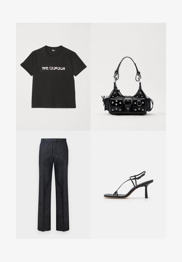 Black cotton t-shirt with short sleeves, featuring a printed white and gray "THE 2LOOK" design across the front. Classic crew neck.; Dark striped trousers featuring a wide-leg design, made from textured fabric with vertical silver pinstripes. Flat front and belt loops.; Black leather heeled sandals featuring a minimalist strap design, square toe, and slender heel, with an adjustable ankle strap detail.; Black leather handbag with a curved design, featuring silver studs, a buckle, and two side pockets. Adjustable strap for carrying options.