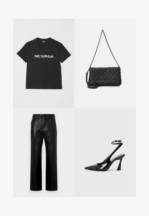 Crna pamučna majica s kratkim rukavima, s printanim bijelim i sivim dizajnom "THE 2LOOK" na prednjem dijelu. Klasičan okrugli izrez.; Hlače od crne kože visokog struka s širokim nogavicama, velikim prednjim džepovima i odgovarajućim remenom s dvostrukom kopčom.; Crne lakirane slingback cipele s visokom potpeticom, u obliku špice, s podesivim remenom oko gležnja i umjerenom blok-potpeticom. Glatka tekstura s sjajnim završetkom.; Crna jastučićasta kožna torba s lanacom, s detaljima u obliku lubanje i zatvaranjem na patentni zatvarač. Tekstura površine s sjajnim završetkom.